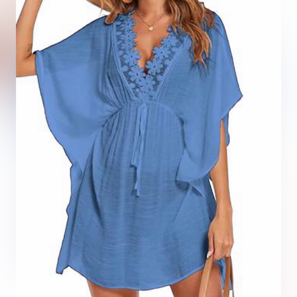 Women's Sexy V Neck Swimsuit Cover up- Light Blue   Size Large